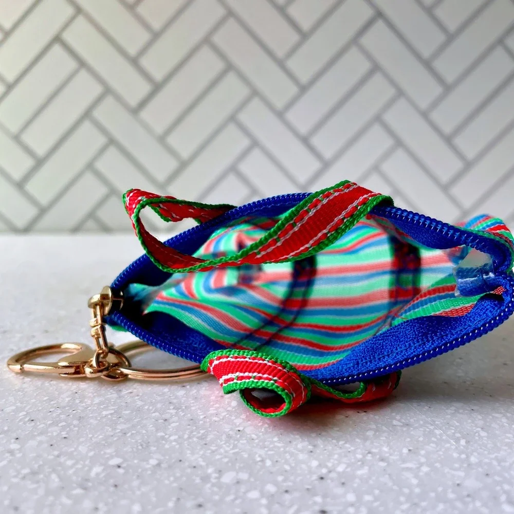 Mini Mesh Shopping Tote Bag Keychain Coin Purse Striped Multi Color Zipper Pouch